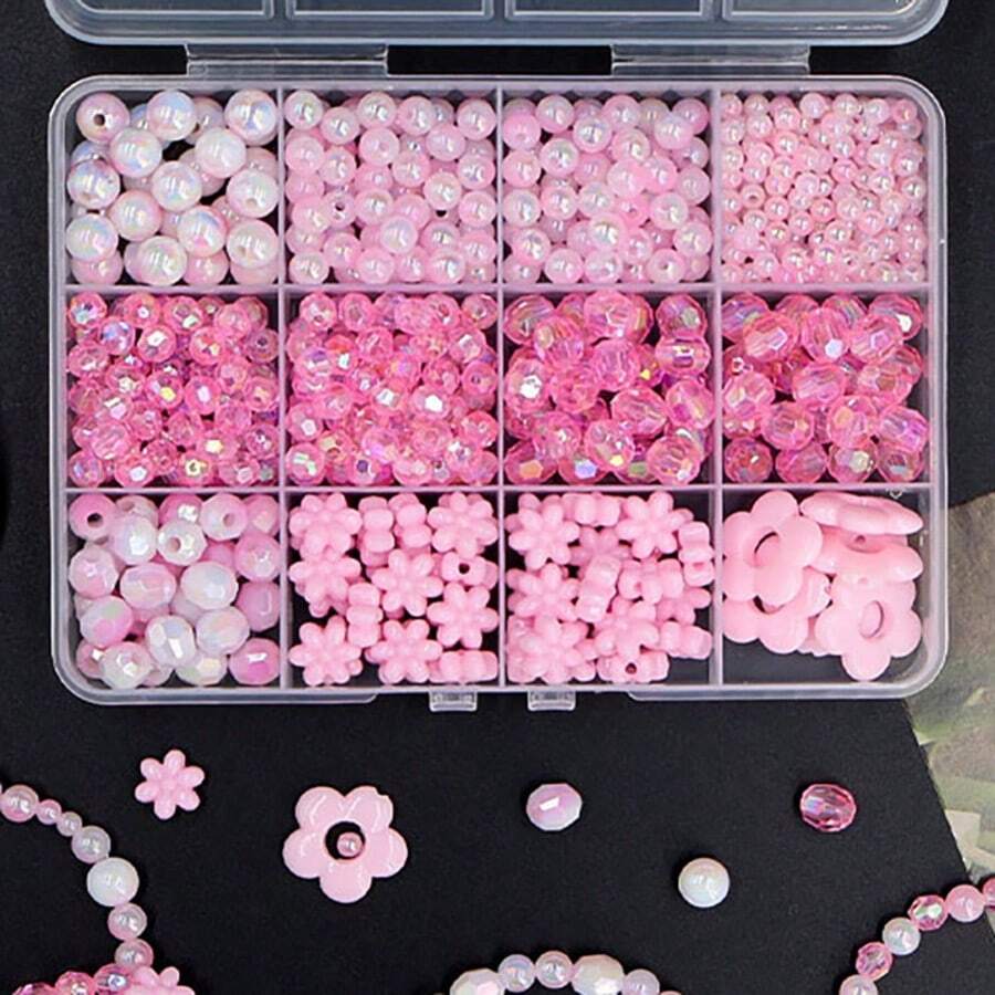 345件裝高級粉色花卉珠子套組,12格完整珠寶製作用品,混色AB幻彩圓珠、刻面水晶珠與花形壓克力珠,大容量馬卡龍色珠子組,適用於手鍊、項鍊、耳環及可愛手工DIY - A - 查看 1