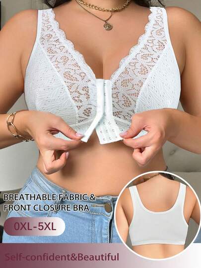 Front Closure Lace Patchwork Plus Size Women's Bra, Wireless Casual Comfortable Racerback Design Thin Sports Bra