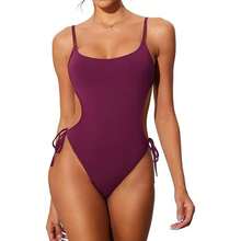 Women's Side Cutout Lace-Up One Piece Swimsuit, Scoop Neck Spaghetti Strap Monokini With Tie Side, High Cut Cheeky Bathing Suit, Tummy Control Swimwear For Summer Beach & Pool - 酒紅色2683-4 - 查看 11