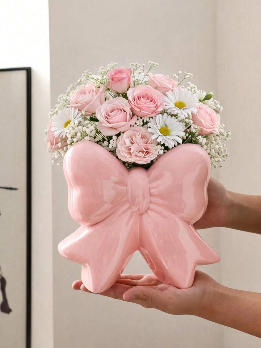 1 pieza Jarrón decorativo con gran lazo, jarrón con diseño de cinta adorable, adecuado para decoración del hogar, mesa de la sala de estar, estantería del dormitorio y exhibición de regalos - 1PC - View 1