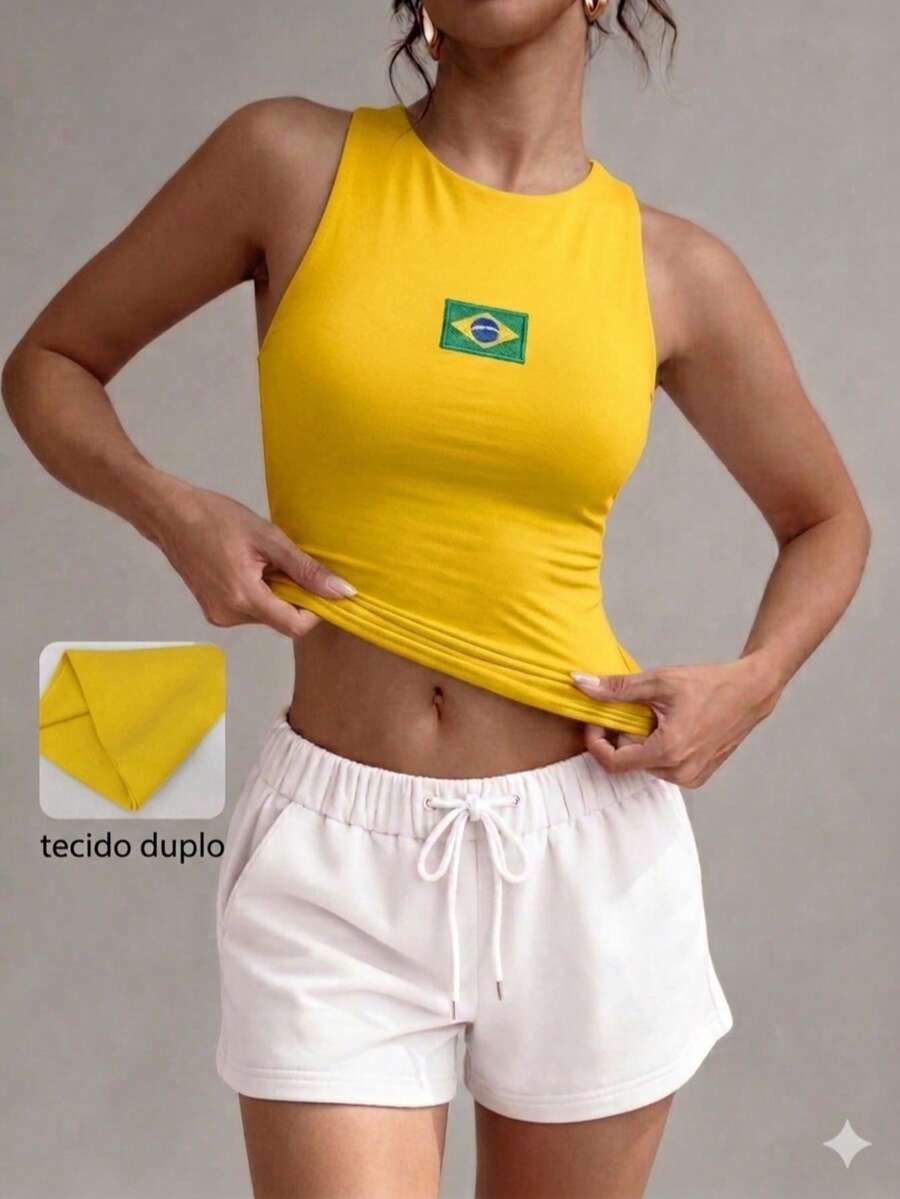 Women's Double-Layered Polyamide Blouse With Brazil World Cup Theme. Suitable For Evenings, Holidays, Vacations, Office, Home, Diaries, Birthday Parties, Dating, Homecoming, Travel, Brunch, Airport Wear, Sports And Fitness. - 黃色 - 查看 1
