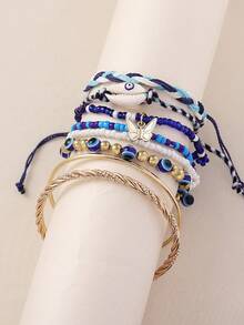 8pcs Bohemian Summer Vacation Personalized Fashion Versatile Handmade Beaded, Braided Rope, Twist Bracelet, Butterfly, Shell, Evil Eye Stackable, Elastic, Adjustable Bracelet Set, Suitable For Women Beach, Party, Large Gathering, Bar, Perfect Gift, All Season, Casual, Commute, Outing, Shopping Daily Wear - Multicolor - View 10