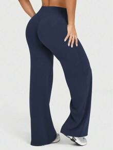 Pantalones de yoga holgados de talle alto para mujer, color azul marino sólido, tejido suave y elástico, efecto estilizador y levantador de glúteos, ideal para actividades al aire libre, uso doméstico casual, gimnasio, entrenamiento y todas las estaciones del año - Azul marino - Ver 4