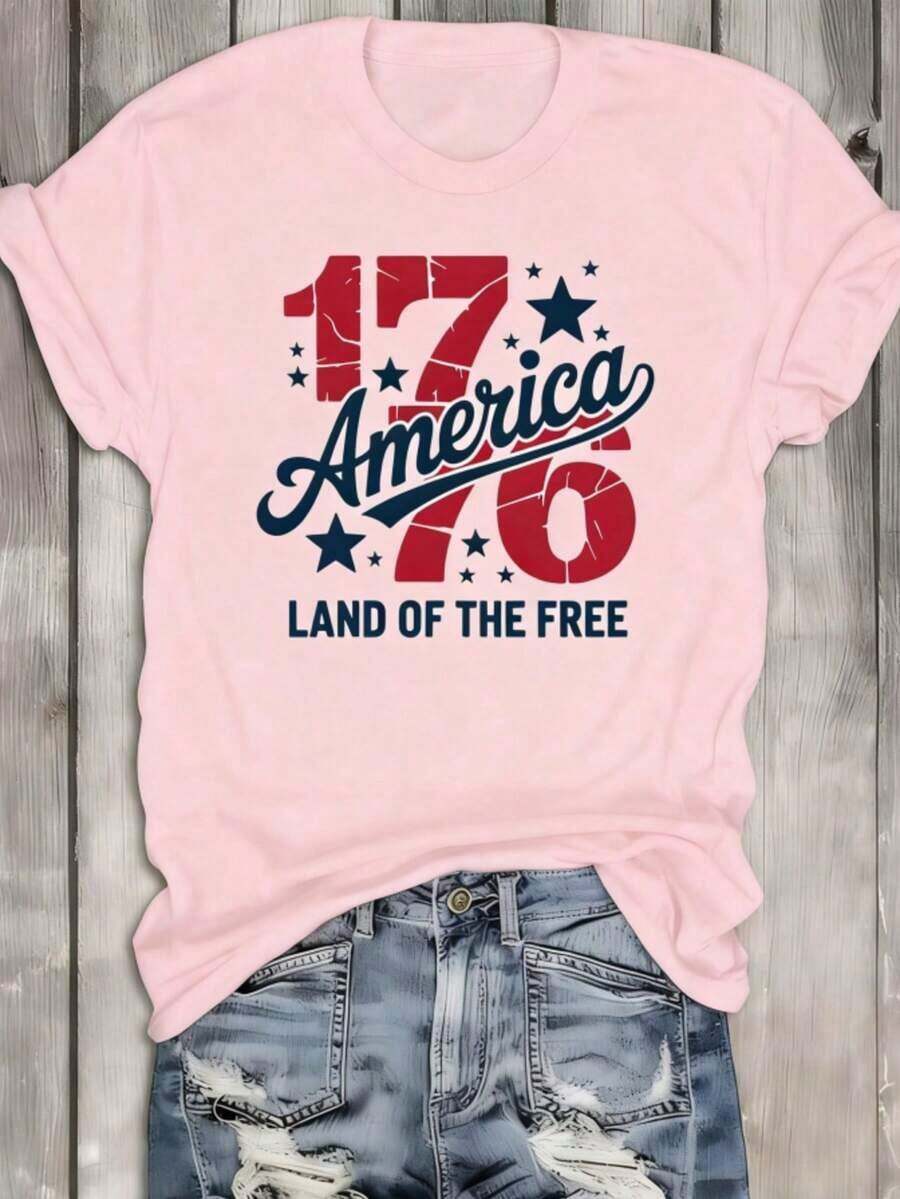 1 "American Freedom 1776" T-Shirt, White Crew Neck T-Shirt, Women's "America 1776" T-Shirt - Vintage Distressed T-Shirt With 1776 Graphic And Stars, Crew Neck, Casual Style For The 4th Of July - 粉色 - 查看 1