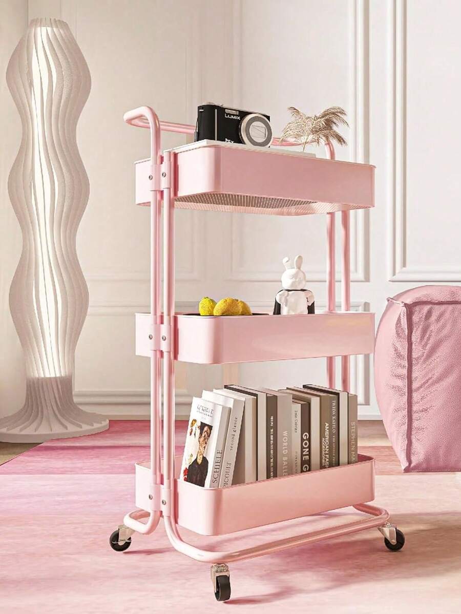 Multipurpose Trolley With Three Tiers Of Wheels, Storage Cart With Handle, Multifunctional Organizer Cart, Wheels With Brakes, Kitchen Shelf, Multifunctional Storage Rack With Mesh Basket, Large Capacity (Pink) - Pink - View 1