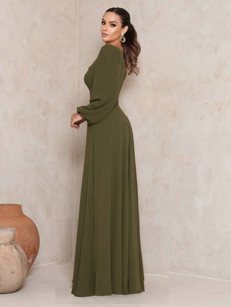 NM Nama Marie Long Sleeve Square Neckline Long Dress - 橄欖綠 - 查看 1