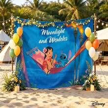 Disney Lilo & Stitch "Moonlight And Ukuleles" Themed Romantic Beach Print No-Hole Backdrop, Perfect For Parties, Camping, Home Decor, Scene Setup And Gathering Displays - 0 - View 3