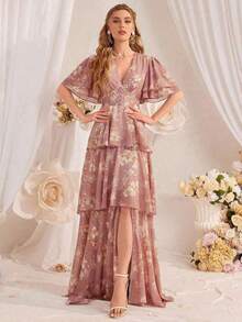 Women's Elegant Floral Print Layered Ruffle Hem Dress, Summer Vacation - 藕粉色 - 查看 6