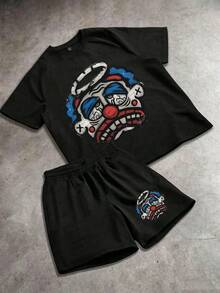 2pcs Boys Graphic Print T-Shirt Set, Retro Style Casual Short Sleeve Tees, Crew Neck, Soft Comfortable Summer Daily Wear - màu đen - Xem 2
