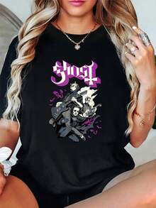 T-shirt da donna 100% cotone con membri della band Ghost e accenti viola, grafica, nera, per vacanze estive, morbida, vestibilità rilassata, comfort classico - nero - Visualizzare 1