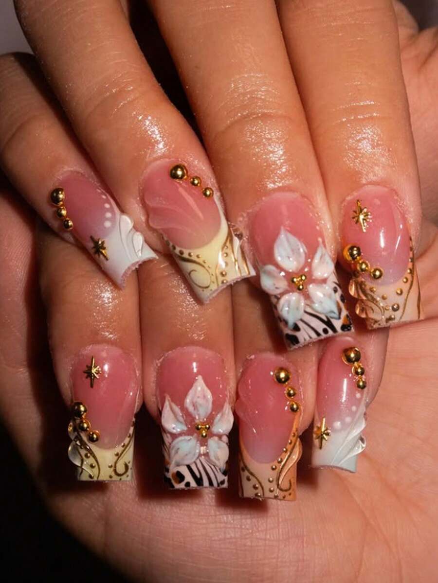 24pcs/Set Elegant 3D Floral Nail Art Stickers, Yellow & White Flower Design With Golden Edges, French Manicure Wavy Pattern And Golden Beads Decor, Long Square Press-On Nails, Suitable For Girls/Women Daily, Outdoor, Party - Multicolor - View 1