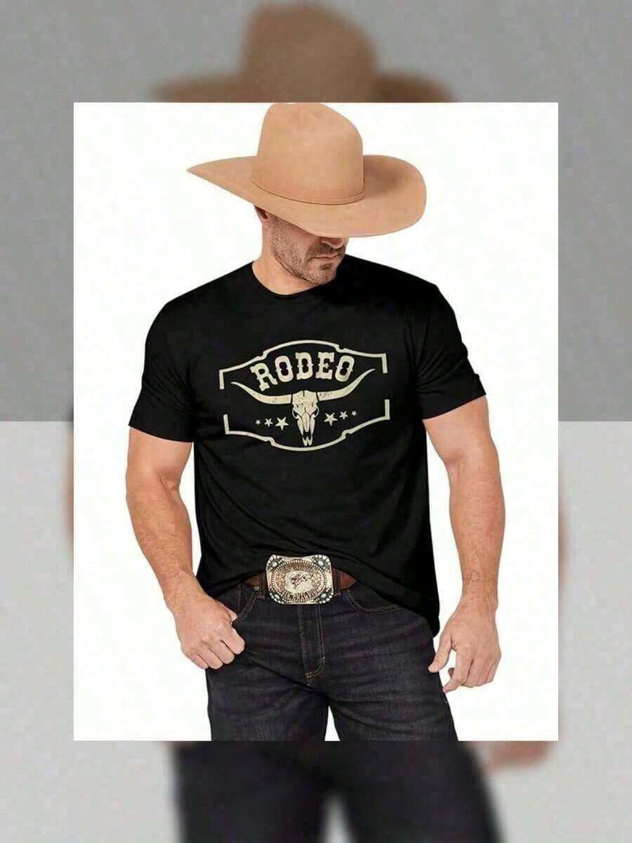 Camisetas de Rodeo de Vaquero Occidental: Camisetas Gráficas de Calavera de Vaca Vintage para Hombres, Camisetas deúsica de Concierto Country Boho - Negro - Ver 1