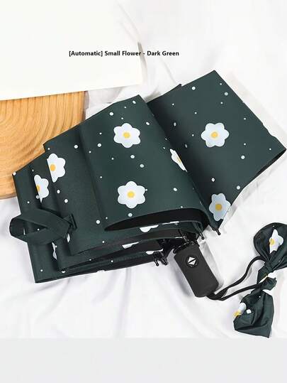 Daisy Print Automatic Umbrella, Unisex Sun Umbrella, Foldable, Large, Reinforced, Thick, Student School Use, Sun Protection, Anti-UV, Foldable Retro Rainy Umbrella, Suitable For Women, Dual Use For Sunny And Rainy Days