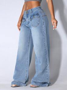Quần jeans nữ cạp thấp ống rộng màu xanh dương dáng suông, túi xéo, kiểu dáng thường ngày. - Màu xanh nhạt - Xem 5
