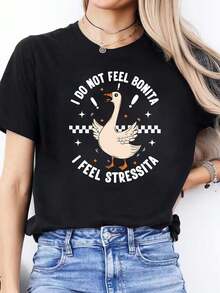 Funny Goose Text Print T - Camiseta de las mujeres primavera - verano corto - manga tripulación - cuello casual T - camiseta, ocio diario, regalo de vacaciones - Negro - Ver 2