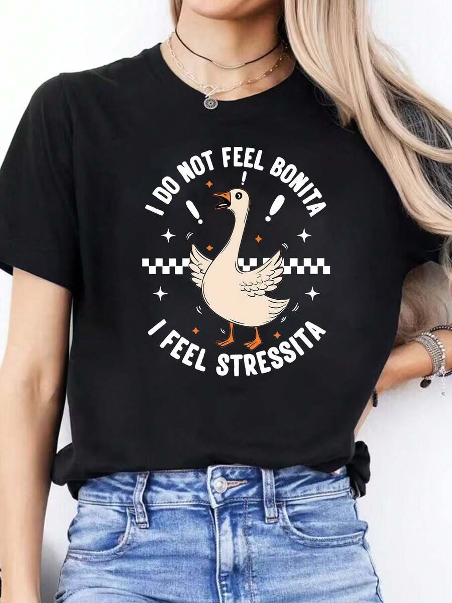 Funny Goose Text Print T - Camiseta de las mujeres primavera - verano corto - manga tripulación - cuello casual T - camiseta, ocio diario, regalo de vacaciones