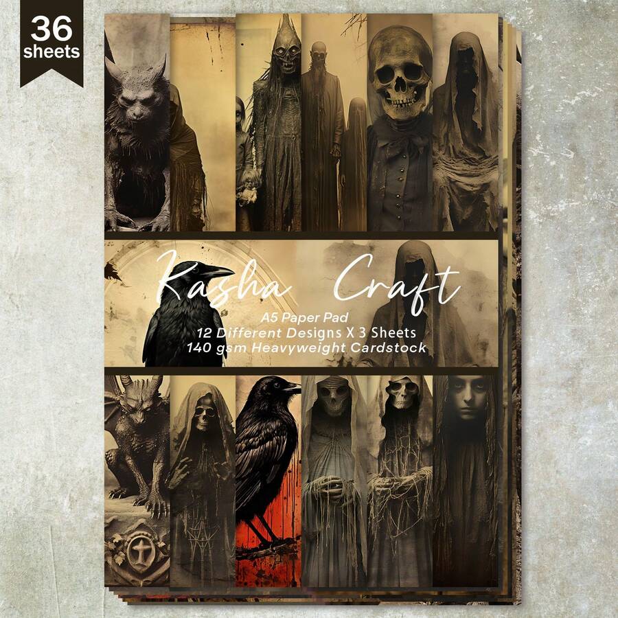 36 Sheets A5 Dark Gothic Forest Skull Background Scrapbooking Paper, Suitable For Bullet Journals, Collages, Cards, Scrapbooks And Crafts - Rectangle - View 1