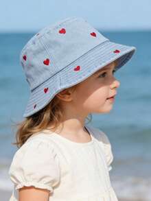 1pc Sweet Red Heart Embroidered Denim Bucket Hat - Casual Y2K Style Summer Sun Hat For Daily Wear - 1PC - View 3