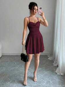 Vestido rosa color sexy con espalda descubierta y sin mangas, con pliegues, ideal para cumpleaños, conciertos, citas nocturnas, verano, fiestas de piscina y graduación - Color caoba - Ver 1
