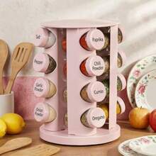 Yungyan - Organizador giratorio para especias con 16 tarros vacíos juego de recipientes para especias con etiquetas y embudo estante giratorio para condimentos para accesorios de cocina acero - Rosa - Ver 8