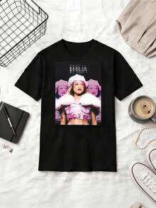 Emilia Mernes Pink Stage Outfit Collage Fan Cotton Summer Short Sleeve T-Shirt - 黑色 - 查看 1