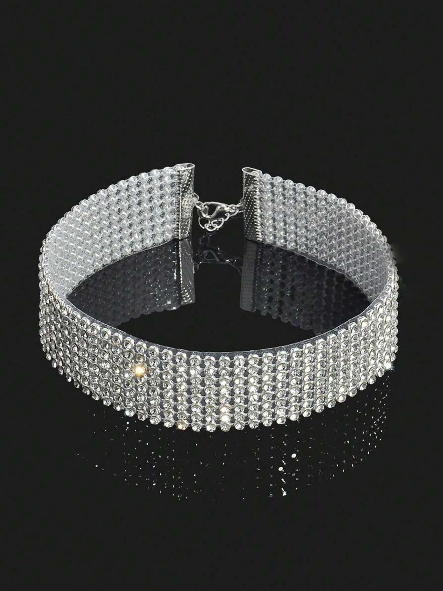 1 Gargantilla Popular Con Racimos De Diamantes De Imitación, Adecuada Para Bodas, Fiestas Y Uso Diario Para Mujeres - Plateado - Ver 1