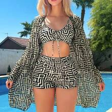 Fashionable And Sexy Plus-Size Printed Three-Piece Swimsuit With Long Sleeves And Mesh - Figure 1 - View 12