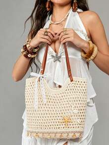Bolso de hombro de diseño minimalista y exclusivo con diseño hueco, bolso de mano de gran capacidad con decoración clásica y popular de estrella de mar, bolso de sobaco multifuncional y versátil para mujer, adecuado para el uso diario, citas y vacaciones, etc. - Beis - Ver 4