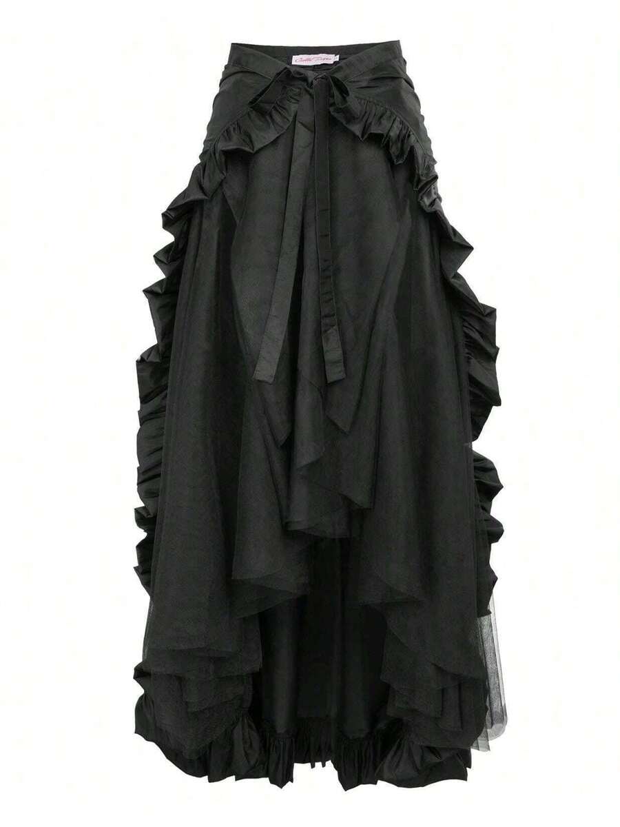 Women's Midi Skirt With Fitted Waist, Vintage Spring Style, Solid Color, Activity Dance Skirt, Cosplay Costume - Pirate Skirt Black - View 1
