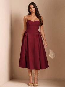 Elegante vestido largo sin mangas con manga abultada para mujer, adecuado para citas diarias, salidas, discotecas, fiestas, temporada de otoño - Burdeos - Ver 3