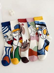 1/2/5/10 Đôi tất cổ cao bằng cotton cho nữ, họa tiết trừu tượng đơn giản, thích hợp mặc hàng ngày, mùa thu - Nhiều màu - Xem 8