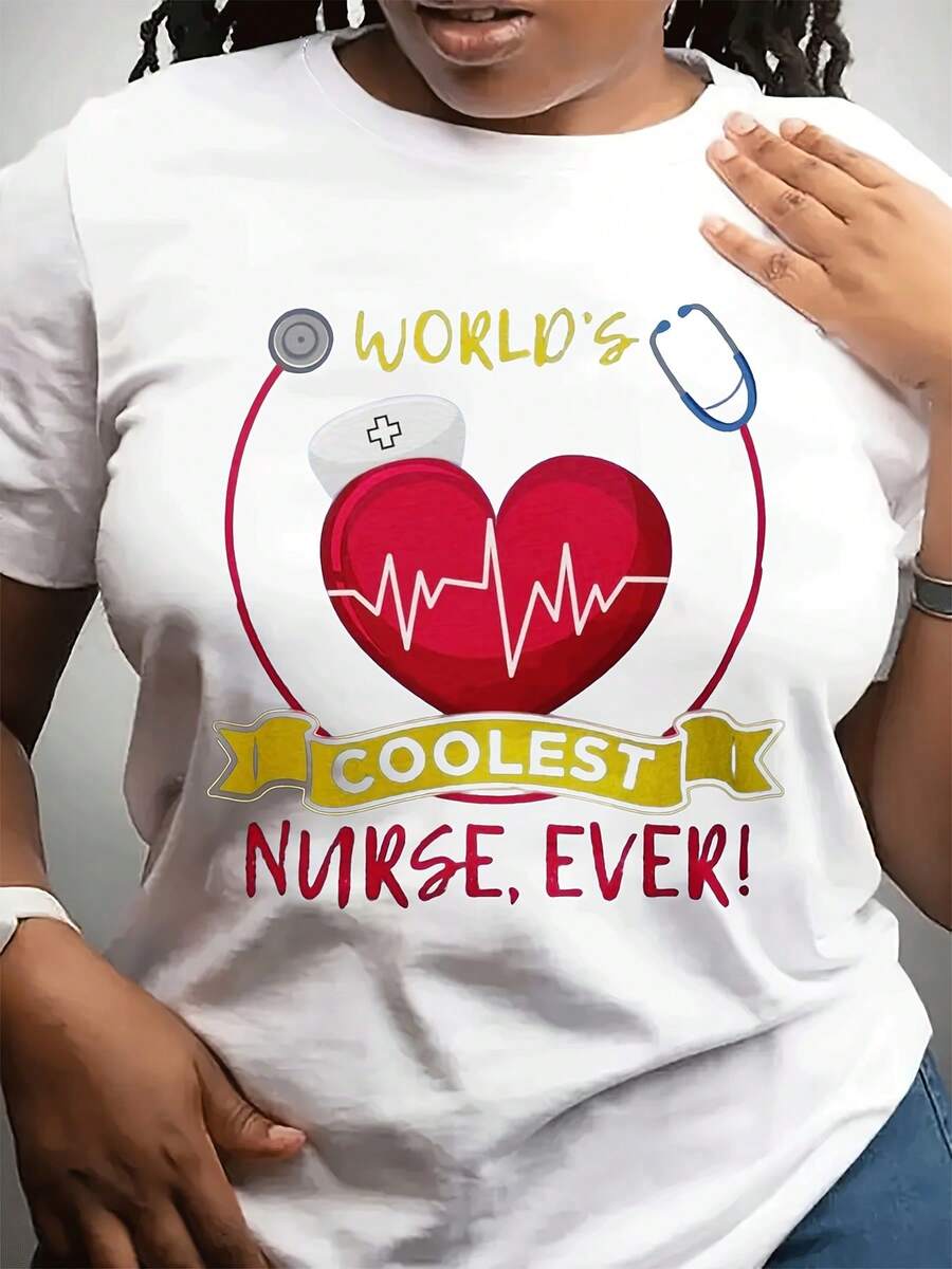 Camiseta casual de moda de cuello redondo del día de San Valentín de las mujeres | Tema de patrón de enfermera más fresco del mundo, cuello de la tripulación, tela estirable ligera, corto Sve, toda la temporada