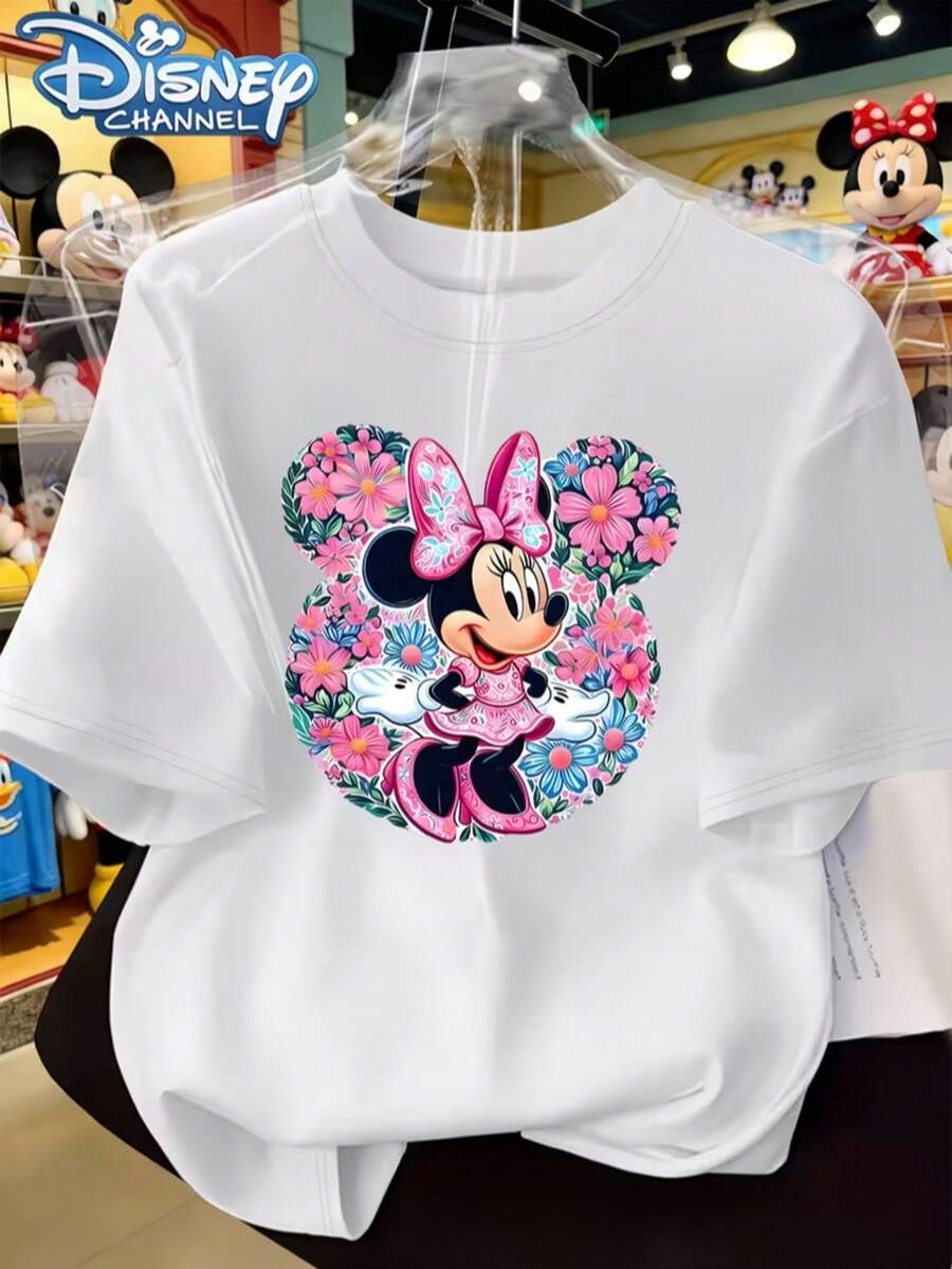 Authentic Disney Minnie Mouse Cartoon Image Surrounded By Floral Patterns Disney Summer New Short-Sleeved T-Shirt Shirt Men And Women Casual Fashion Printed T-Shirts. - 白色 - 查看 1