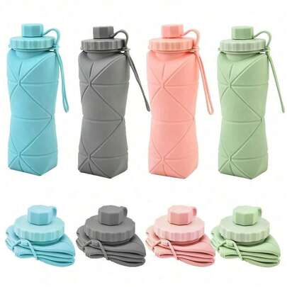 New Fashionable 600ml Foldable Silicone Water Bottle With Lid And Hanging Loop, Portable Collapsible Water Cup With Detachable Straw, Easy To Clean Design, Reusable Squeeze Water Bottle, Heat-Resistant, Large Capacity, Durable Hydration Gear, Multiple Colors: Green, Pink, Gray, Blue; Multifunctional Outdoor Hydration Accessory Suitable For Hiking, Camping, Sports, Travel, Commuting, Office; Practical Daily Essential, Also Suitable As Mother's Day, Father's Day, Graduation, Birthday, New Year, Summer Holiday Gift