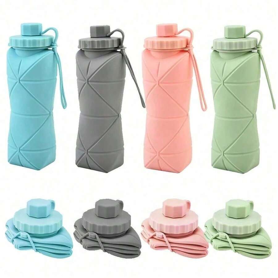 1件裝可折疊 600ml 矽膠水壺，附蓋子與登山扣環，可拆卸可清洗吸管噴嘴，輕量可重複使用可收納水壺，耐高溫大容量，多色可選（綠色、粉色、灰色、藍色），適用於徒步、露營、運動