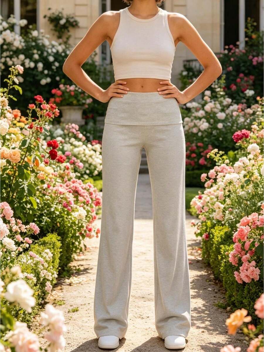 Women Daily Casual Soft Comfy Knit Fabric High Waist Elastic Waistband Slim Fit Flared Leg Solid Color Basic Long Trousers - Grey - View 1