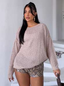 Women's Fashion Casual Hollow-Out Long Sleeve Knit Cover Up Top - Beige - View 5