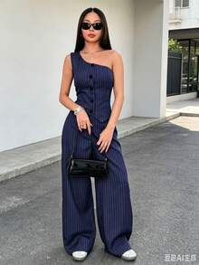 Elegant Women's Set Featuring A Sleeveless Striped Linen Blouse With An Asymmetrical Neckline And Wide-Leg Trousers. A Stylish Two-Piece Set With Front Buttons, Perfect For Autumn Looks. - Royal Blue - View 5