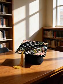 Customized Movie Film Photo Graduation Cap, Personalized Graduation Cap Decoration, Customizable Text Graduation Cap, Floral Pattern Graduation Cap Decoration Made Of Paper Material, One-Piece Design, Floral Print, Movie Film Photo Layout Suitable For Graduates, High School Graduates, College Graduates, Class Of 2026, For Students' Family Graduation Ceremony - Black - View 4