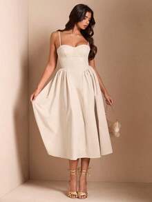 Elegante vestido largo sin mangas con manga abultada para mujer, adecuado para citas diarias, salidas, discotecas, fiestas, temporada de otoño - Albaricoque - Ver 4