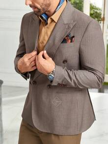 1 pieza Blazer de negocios de corte slim con rayas diplomáticas gris-marrón y doble botonadura para hombres, adecuado para oficina y ocasiones de boda - Café integral - Ver 4