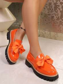 Nuevos mocasines con suela gruesa y brillante en color naranja vibrante, estilo uniforme escolar británico de zapatos pequeños de cuero, zapatillas slip-on con plataforma para mujer, zapatos versátiles para el uso diario y antideslizantes - Naranja - Ver 5
