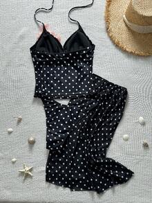 Damen 3-teiliges elegantes, sexy Polka Dot Mesh Rückenfreies Blumen Mesh Rock Bikini Set, geeignet für Strand, Urlaub, Reise, Bühnenauftritte, tägliche Dates, Sommer - Schwarz und Weiss - Übersicht 5