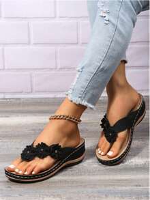 Women's Flip Flops, House Slippers For Women, Solid Color Rivet Applique, Comfortable Thick Bottom Wedge Heel Slides, Casual Summer Beach Holiday Fashion Sandals - 黑色 - 查看 1