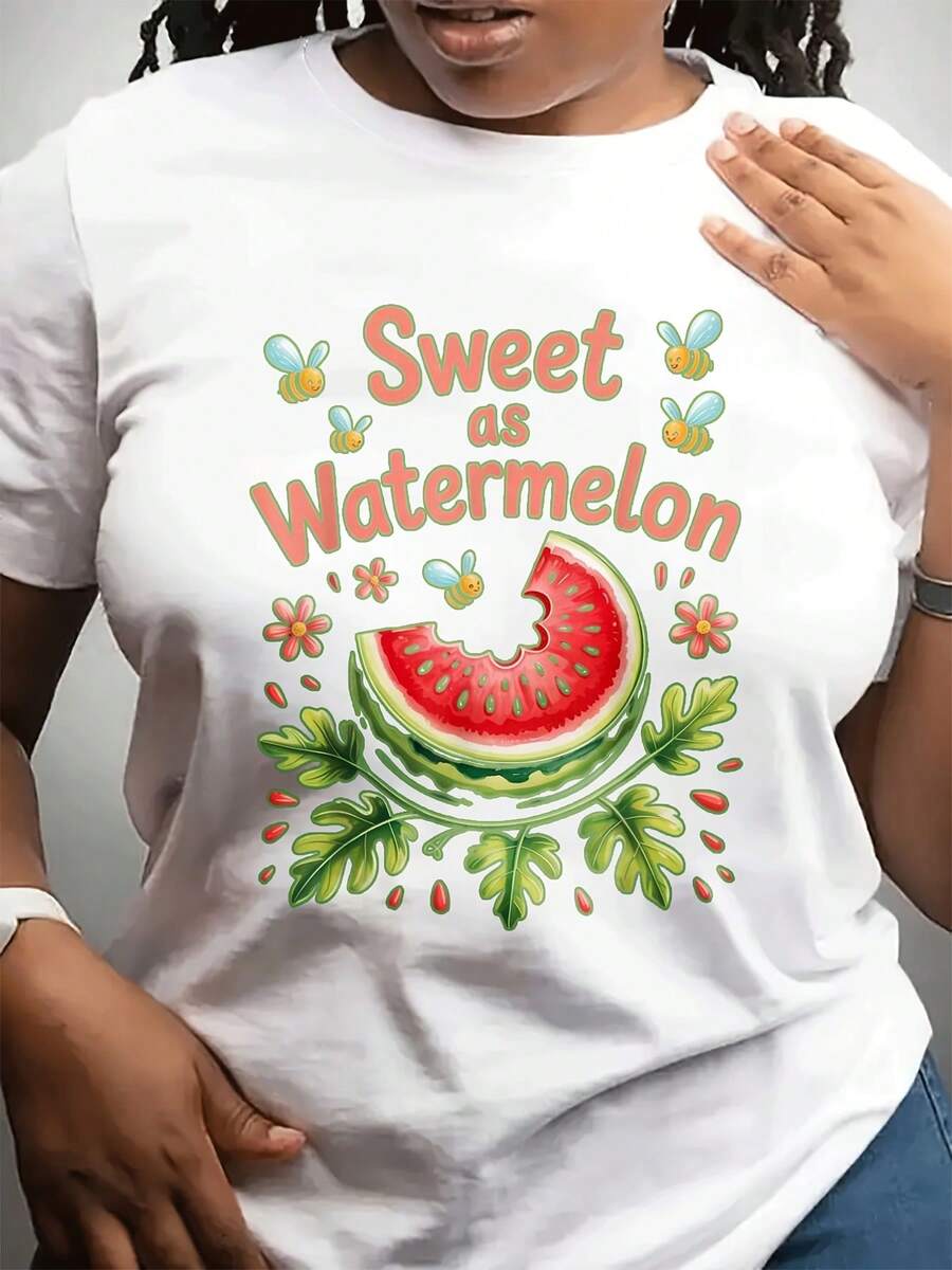 Camiseta casual de señoras dulce como sandía | cómodo cuello de tripulación, corto Sve, tejido estirable ligero, impresión de abejas, uso diario de verano