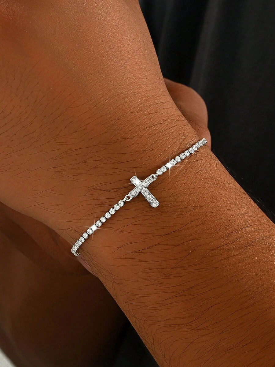 Vòng tay nam bạc hình thánh giá đính đá Zirconia, trang sức cổ điển cho nam giới / Mạ vàng / Đá Cubic Zirconia hình vuông / CZ / Đính đá lấp lánh / Vòng tay tennis / Phong cách Hip Hop / Sang trọng / Có thể điều chỉnh / Trang sức đeo tay / Quà tặng hàng ngày, dự tiệc - trắng - Xem 1