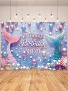 1pc Customizable Mermaid Theme Happy Birthday Backdrop, Gradient Mermaid Tail Colorful Faux Pearl Shell Design, Personalized Name Mermaid Theme Birthday Party Cake Smash Photography Decoration Vinyl Banner, Aesthetic, For Girls, Birthday Gift - Multicolor - View 3