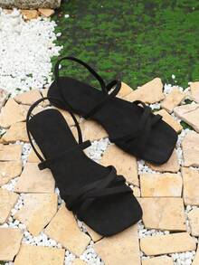 1 Pair Black Flat Sandals For Teenagers, Solid Color Soft Fabric Criss-Cross Strap, Square Toe Open Toe Classic Slip-On Design, Fashionable Lightweight Elegant Flat Sandals Suitable For Teenage Girls, College Students, Daily Casual, Vacation, Commuting, Party, School, Spring New Arrival - Black - View 7