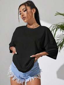 Round Neck, Dropped Shoulder T-Shirt - Black 2 - View 5