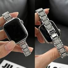 銀色全水鑽手錶錶帶，相容於 Watch SE S11 S10 S9 S8 S7 S6 S5 S4 S3 S2 S1 系列，纖細舒適，精緻優雅時尚可調節，相容於 38mm 40mm 41mm 42mm 45mm 46mm 49mm 智慧手錶替換錶帶，適合 4.1 至 6.3 英吋手腕 - 銀色 - 查看 3
